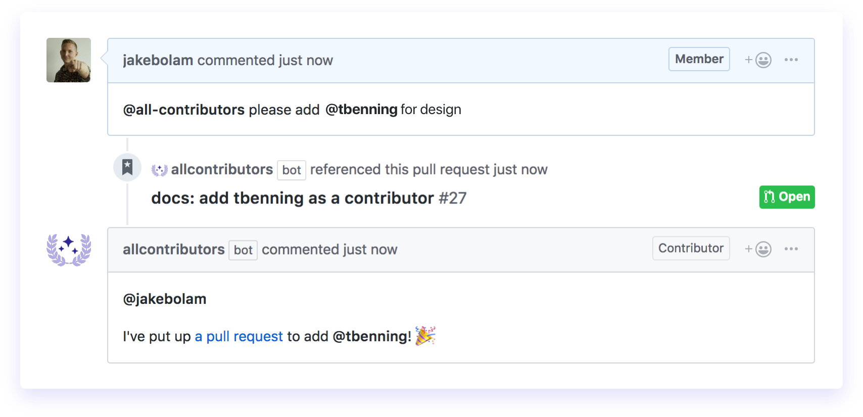 A screenshot of github showing a comment that says please add @user for docs.